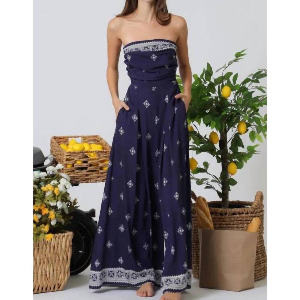 NEW KLD. SIGNATURE denny strapless jumpsuit in navy /white print
